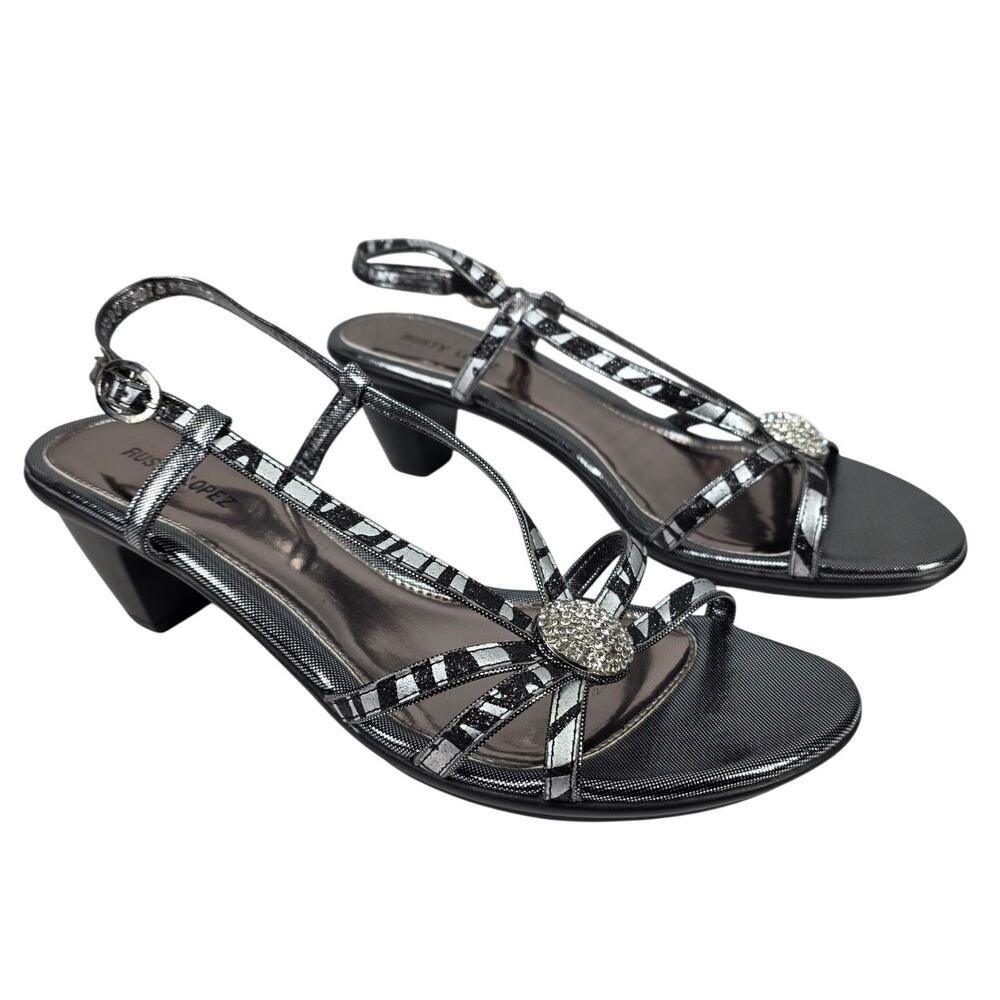 RUSTY LOPEZ METALLIC SLINGBACK SANDALS – WOMEN’S 40 – RHINESTONE DETAIL – NWOT